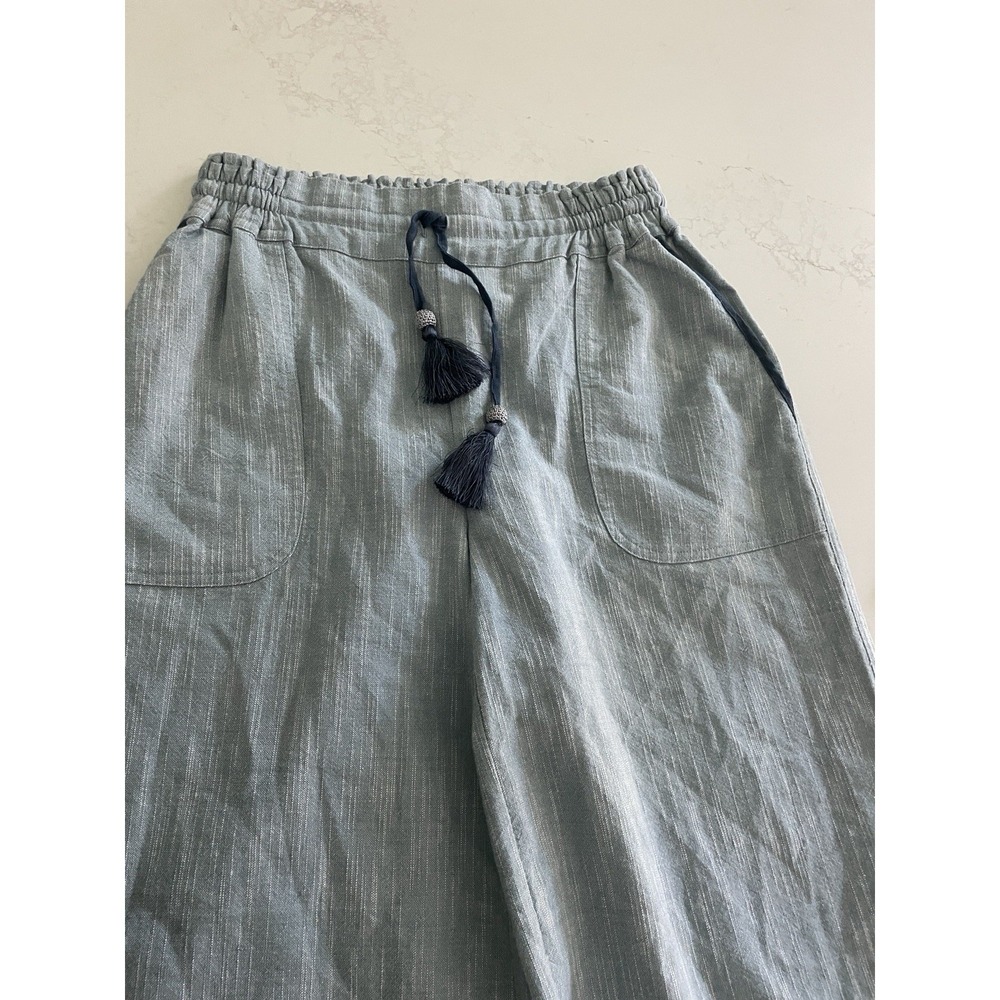Womens Blue Striped Cropped Pants Elastic Waist Drawstring Tassel Frayed Hem - Picture 4 of 10
